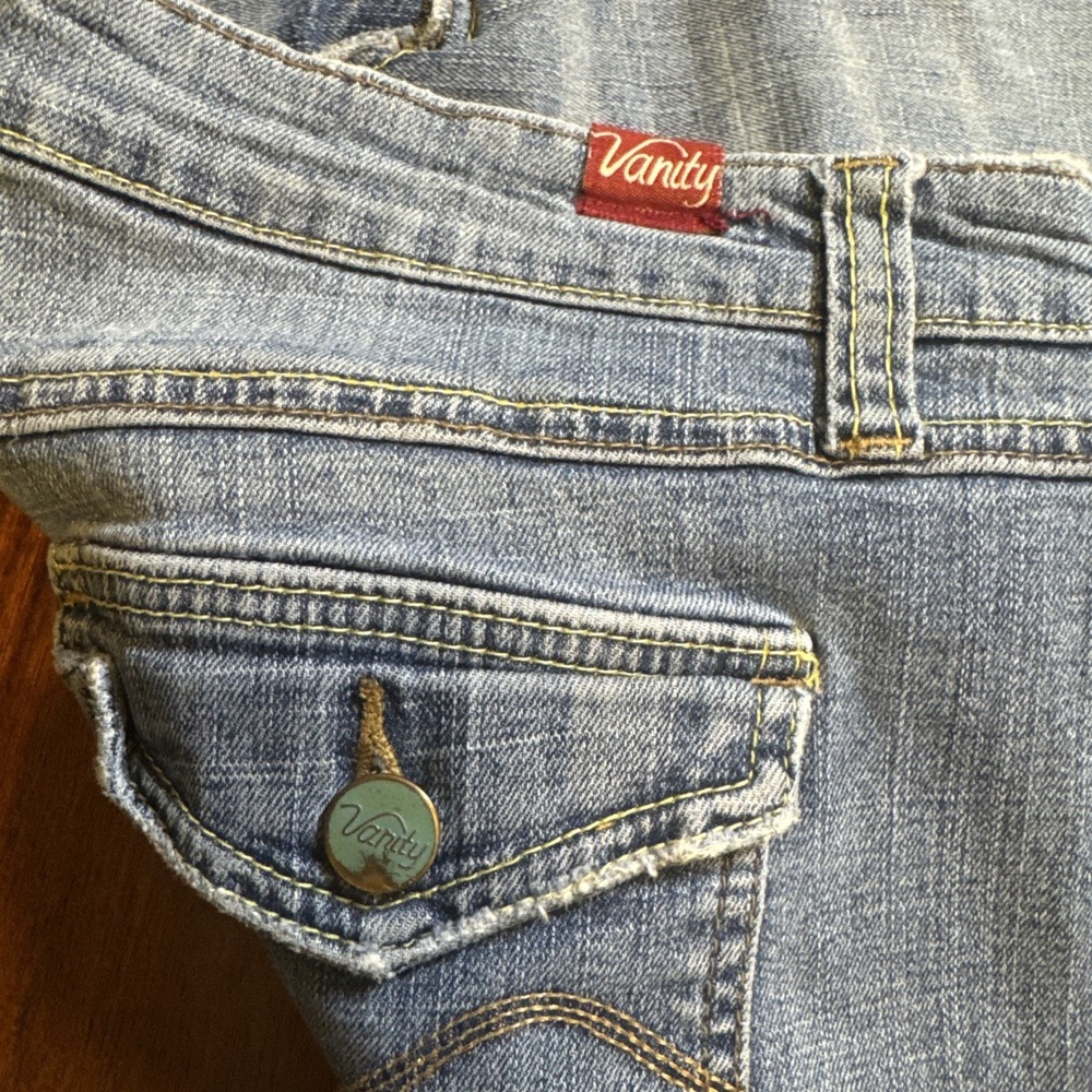 Vanity Flare Jeans 29x31 Women's Blue Mid Rise Stretch Y2K Flap Pocket - Picture 3 of 7